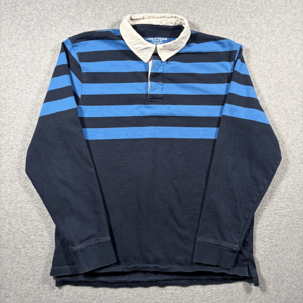 Line of Trade Rugby Shirt Mens Large Blue Striped Long Sleeve Cotton Jersey